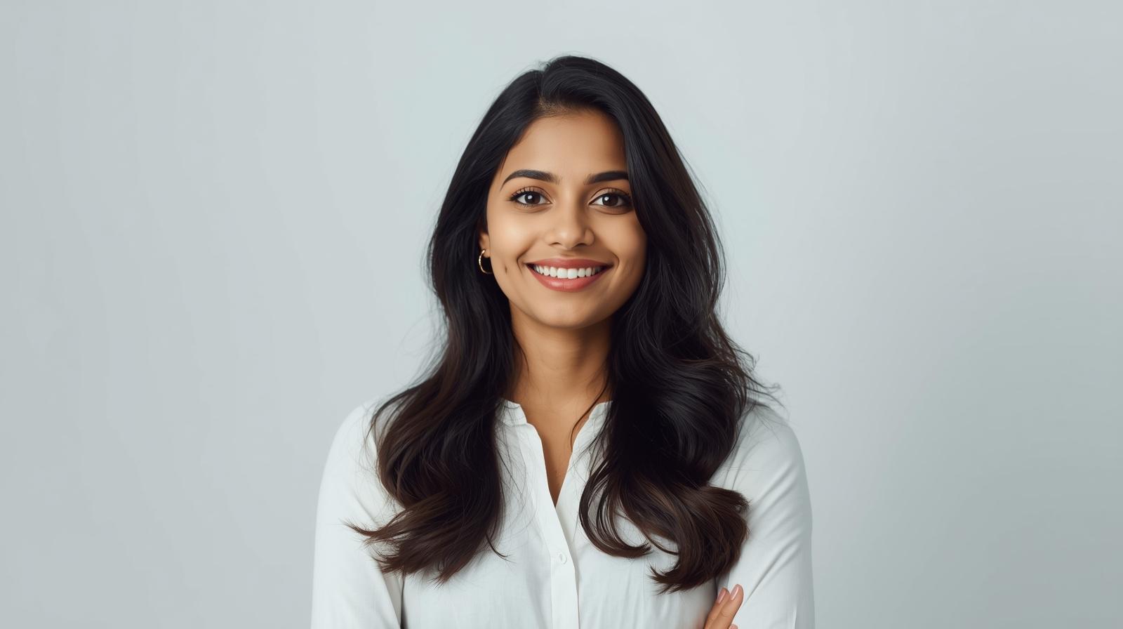 create a humanized image of a indian women at the age between 20 to 25 with professional look with smiley face and it should be a full sized image (2)